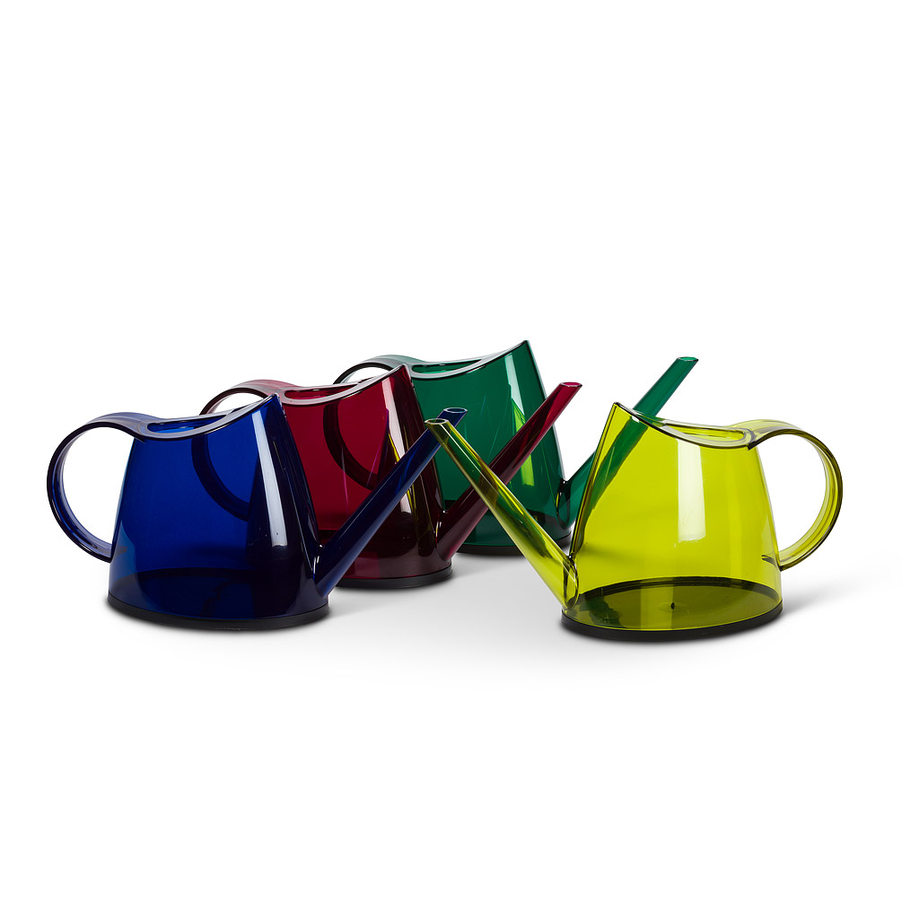 Assorted colors of slender watering cans